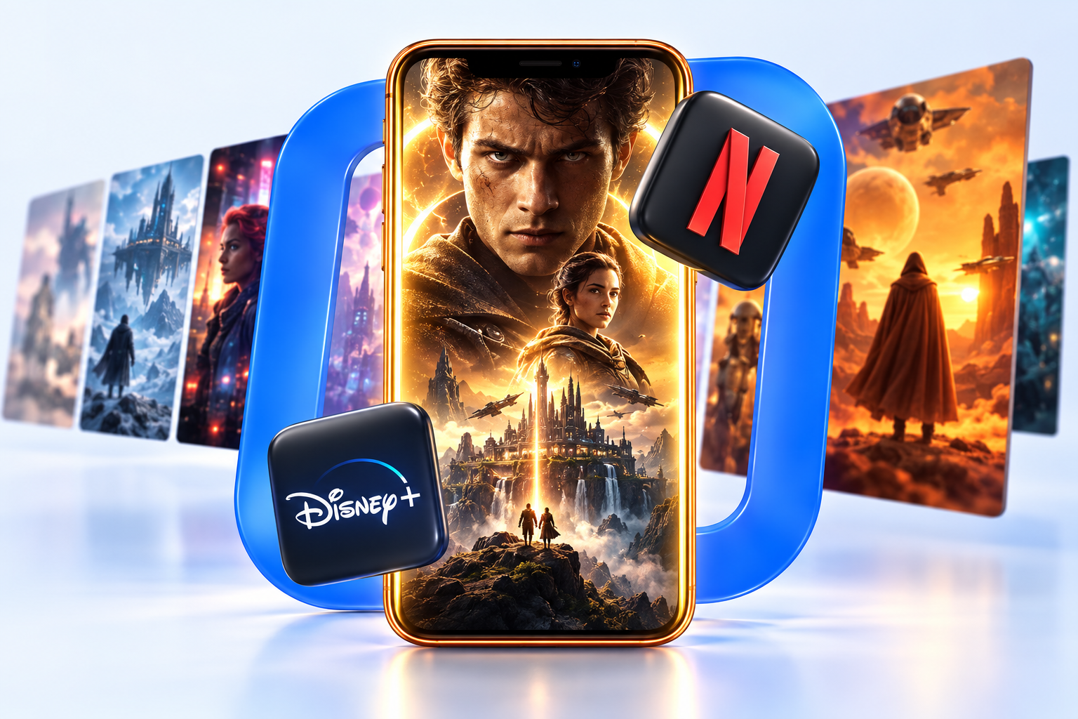 Smartphone framed in glossy blue with floating streaming app badges and cinematic posters